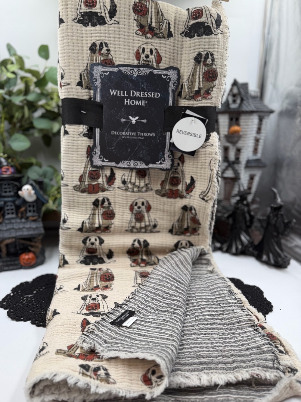 Well Dressed Home Halloween Ghost Dogs Reversible Throw Blanket 50x70 N
